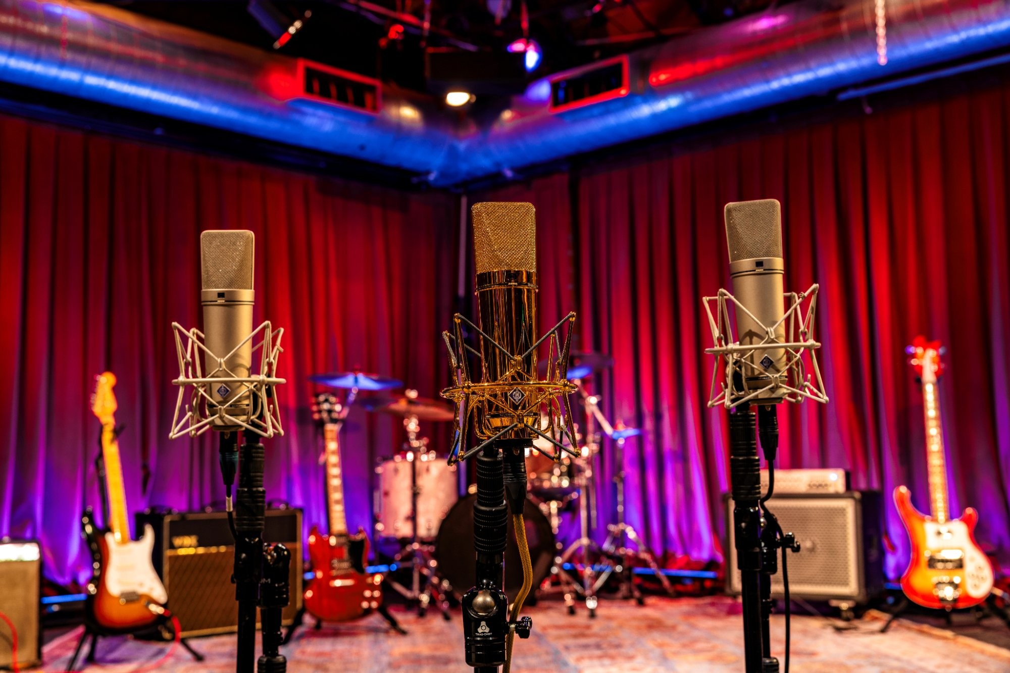 Professional studio microphones on stage at Clearmountain's Berkeley Street Studios Santa Monica