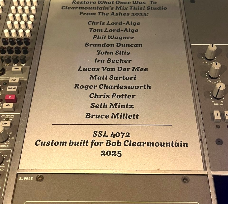 SSL 4072 custom mixing board plaque — Mix This! Studio restoration, Clearmountain's Berkeley Street Studios