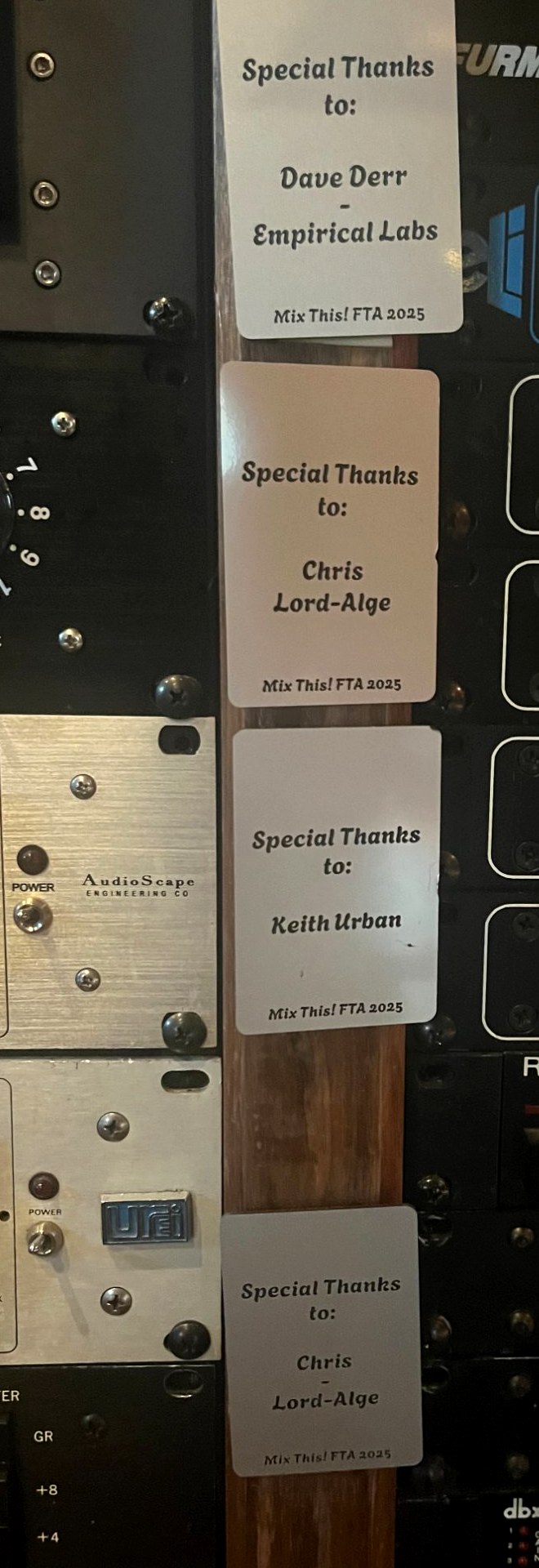 Special thanks plaques on Mix This! studio rack — Mix This! FTA 2025